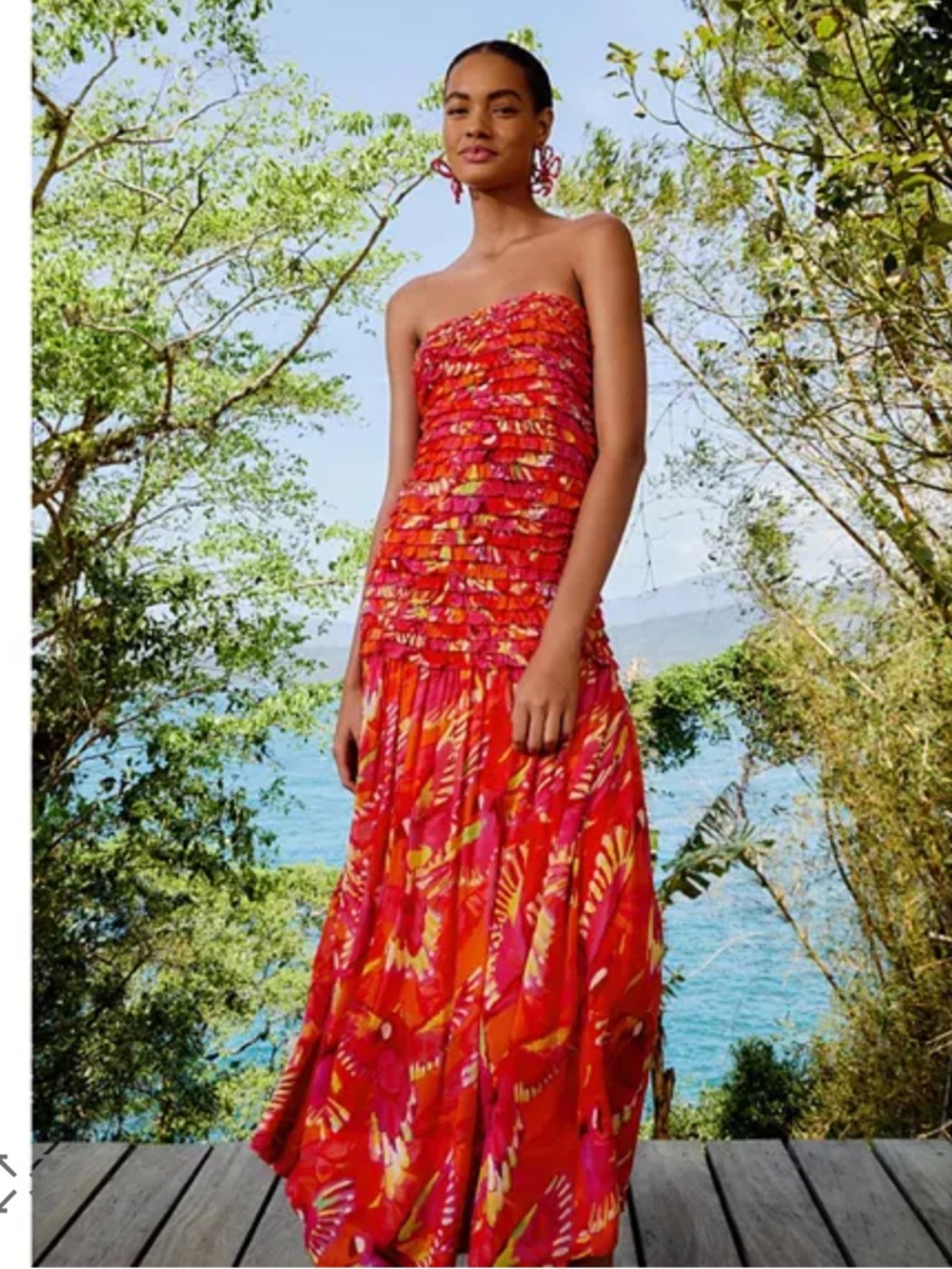 NWT FARM Rio Flying Birds Orange Ruffled Strapless Maxi Dress Size Medium